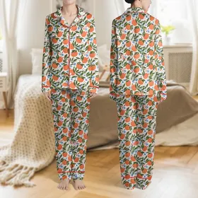 Women's Hand-Drawn Orange Citrus, Forest Green Leaves, Cerulean & Coral Floral Seamless Pattern Satin Pajamas Set
