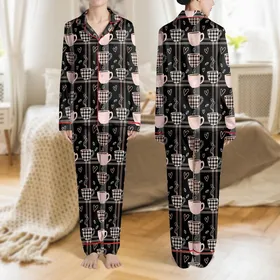 Women's Cozy Black & Charcoal Plaid Coffee Cup Repeating Pattern with Blush Pink Hearts Satin Pajamas Set