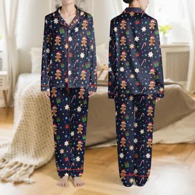 Women's Festive Midnight Navy Cartoon Gingerbread Men Santa Hats Candy Canes Cookies Colorful Stars Satin Pajamas Set