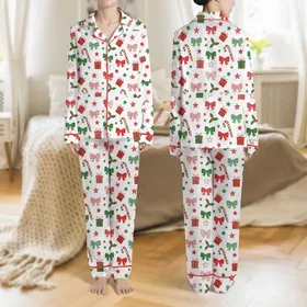 Women's Festive Bright Red Green Candy Cane, Polka Dot Bow, Gift & Holly Flat Art Pattern Satin Pajamas Set