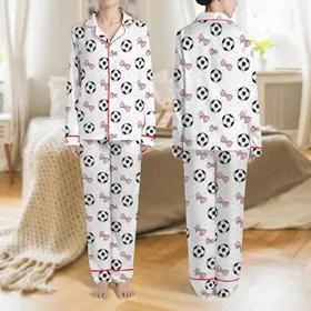 Women's White Base Playful Scattered Soccer Ball Light Pink Bow & Polka Dot Pattern Satin Pajamas Set