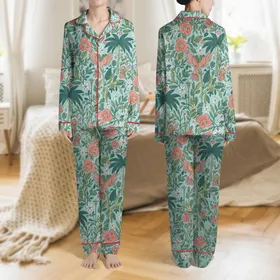 Women's Folk Art Tropical Birds & Palm Floral Pattern Light Aqua Coral Pink Teal Green Satin Pajamas Set