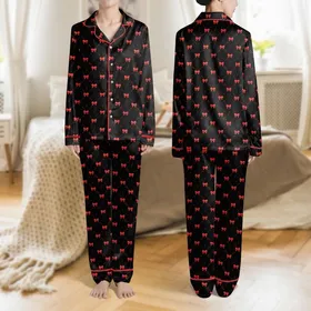 Women's Black & Bright Red Minimalist Illustrative Repeating Flat Bows & Thin Lines Satin Pajamas Set