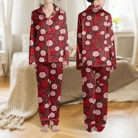 Women's Romantic Ruby Red Multi-Tone Rose & Forest Green Art Satin Pajamas Set