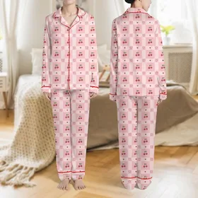 Women's Light Pastel Pink Gingham Check with Scattered Red Cherry & Pale Pink Heart Pattern Satin Pajamas Set