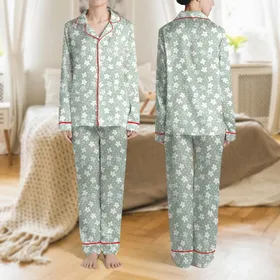 Women's Delicate White Baby Blue Floral, Blush Pink Centers, Sage Green, Micro Polka Dots, Hand-Drawn Quaint Style Satin Pajamas Set