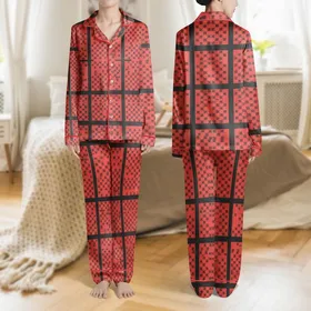 Women's Vibrant Red & Solid Black Bold Geometric Grid Interlocking Star Pattern Satin Pajamas Set
