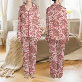 Women's Intricate Blush Pink Paisley Botanical Tapestry Fuchsia Magenta Teal Floral Design Satin Pajamas Set