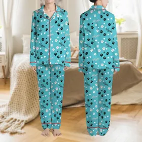 Mom's Vibrant Aqua Black White Paw Print 'Mom' Hearts Floral Design Satin Pajamas Set