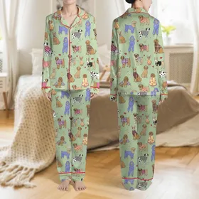 Women's Whimsical Pastel Green Stylish Dog Breeds Vibrant Floral Stripe Polka Dot Heart Star Pattern Satin Pajamas Set