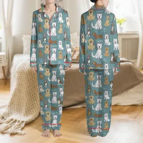Women's Desaturated Teal Multi-Color Cartoon Dog Breed Pattern with 'Oh Happy Day!' & 'Life's Best Friend' Text Satin Pajamas Set