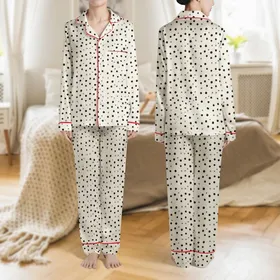 Women's Warm Off-White Black Imperfect Polka Dot & Hand-Drawn 'X' Scatter Pattern Minimalist Satin Pajamas Set