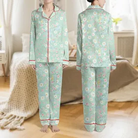 Women's Vintage Mint Green Wildflower All-Over Pattern: Delicate White Daisy, Blush Rose & Blue Forget-Me-Nots Satin Pajamas Set