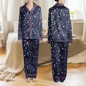 Women's Whimsical Hand-Drawn White Stars Moons Abstract Constellations Deep Navy Cosmic Pattern Satin Pajamas Set