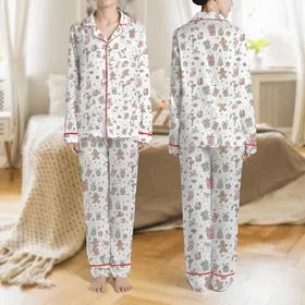 Women's Whimsical Christmas Gingerbread Candy Cane Gift Box Sage Green Dusty Rose Snowmen Pattern Satin Pajamas Set