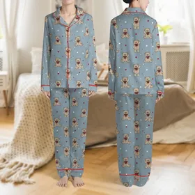 Women's Illustrative Muted Brown Teddy Bear Deep Red Bow Heart Star Dusty Blue-Grey Pattern Satin Pajamas Set