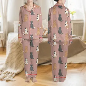Cat Lovers' Whimsical Dusty Rose Pink Hand-Drawn Rear View Cat Pattern with Ginger, Calico & Tabby Fur Satin Pajamas Set