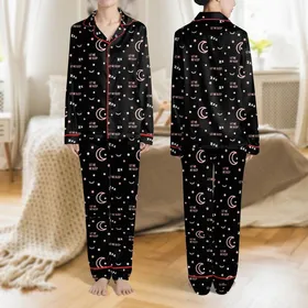 Women's Seamless Black Whimsical Pink White Crescent Moon Star Zzz Sleep Text Pattern Satin Pajamas Set