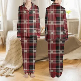 Modern Women's Intricate Geometric Plaid Black Crimson Red White Slate Grey Grid Pattern Satin Pajamas Set