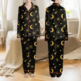 Women's Whimsical Golden Yellow Crescent Moons & Starbursts on Deep Black Graphic Satin Pajamas Set