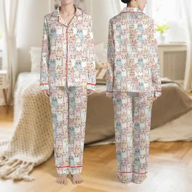 Women's Whimsical Pastel Cartoon Cats Seamless Pattern with Pink, Peach, Blue & Grey Satin Pajamas Set