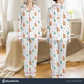 Women's Festive Whimsical Gingerbread Men, Teal Trees, Red Berries & White Snowflakes Pattern Satin Pajamas Set