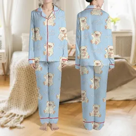 Women's Sweet Bear Fluffy Teddy Pastel Baby Blue Creamy Off-White Cable Knit Pattern Satin Pajamas Set