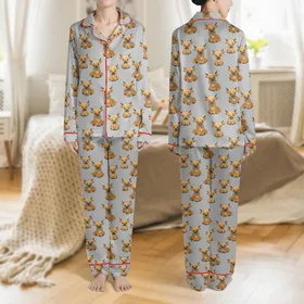 Women's Heather Grey Cute Illustrative Baby Highland Cow Pattern with Golden Fur & Leopard Bows Satin Pajamas Set