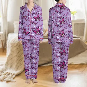 Women's Whimsical Lavender Violet Magenta Lime Green Illustrative Butterfly Scattered Pattern Vector Art Satin Pajamas Set