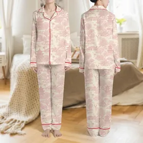 Women's Dusty Rose Toile de Jouy East Asian Pagoda Crane Landscape Pattern Satin Pajamas Set