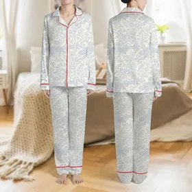 Women's Cream Muted Pastel Blue Toile de Jouy Engraved Forest Botanical Scenic Deer & Peacock Satin Pajamas Set