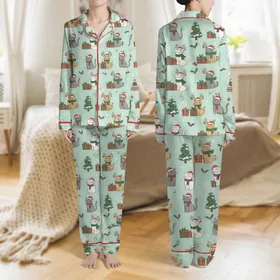 Women's Whimsical Christmas Cats Mint Green Red Gold Holiday Pattern Satin Pajamas Set
