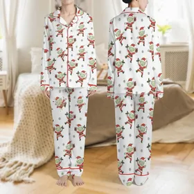 Women's Whimsical Cartoon Imp Light Green Skin Festive Red Santa Hat Holly Gift Candy Cane Pattern Satin Pajamas Set