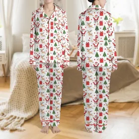 Women's Whimsical Pinkish-Red Santa, Prancing Reindeer, Forest Green Tree & Red Gift Box Festive Pattern Satin Pajamas Set