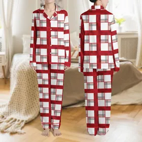 Women's Intricate Geometric Plaid Pattern in Crimson Red & Black on White Background with Layered Dashed Lines Satin Pajamas Set