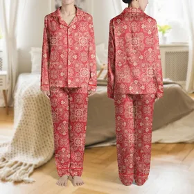 Women's Intricate Scarlet Red White Ivory Floral Lace Filigree Satin Pajamas Set