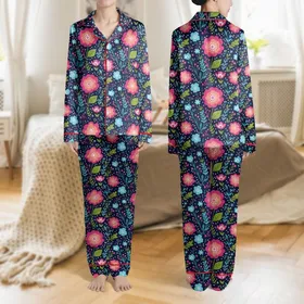 Women's Vibrant Folk Art Hot Pink Coral Teal Blue Botanical Floral Tapestry on Dark Navy Satin Pajamas Set