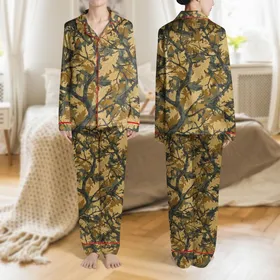 Women's Naturalistic Deep Forest Green Olive Brown Autumn Tree Branch & Leaf Design Satin Pajamas Set