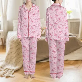 Women's Whimsical Hand-Drawn Fuchsia Magenta Bow & Heart Pastel Pink Pattern Satin Pajamas Set