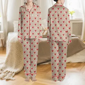 Women's Cozy Muted Beige Hand-Drawn Red Heart Scattered Pattern Taupe Vertical Stripes Off-White Scalloped Lace Satin Pajamas Set
