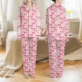 Women's Sweet Feminine Pale Blush Pink All-Over Fuchsia Rose Pink Satin Bow Muted Tan Line Art Print Satin Pajamas Set
