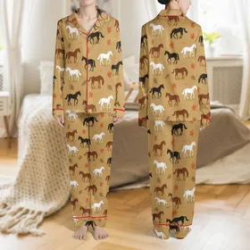 Horse Lovers' Rustic Autumn Pasture Horse Maple Oak Leaf Golden-Tan Pattern Satin Pajamas Set