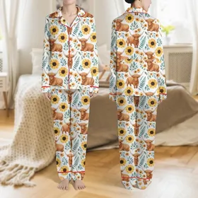 Women's Whimsical Watercolor Highland Cow, Golden Sunflower & Teal Wildflower Botanical Satin Pajamas Set