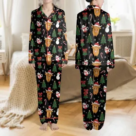 Women's Whimsical Flat Cartoon Black Red Green Highland Cow Christmas Tree Snowman Mug Pattern Satin Pajamas Set