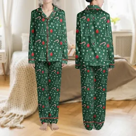 Women's Deep Forest Green Festive Snowflake Candy Cane Holly Ornament Pattern Satin Pajamas Set