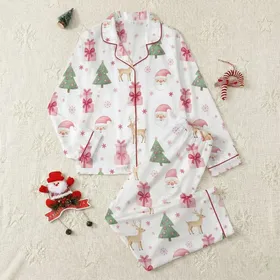Festive Adults' Blush Pink Fuchsia Whimsical Watercolor Santa Reindeer Gift Box Snowflake Pattern Satin Pajamas Set