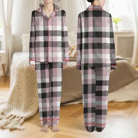 Comfort Seekers' Charcoal Black, White & Mauve Pink Geometric Tartan Plaid Crosshatch Pattern Satin Pajamas Set