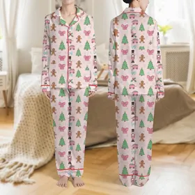 Women's Whimsical Blush Pink Nutcracker Gingerbread Christmas Tree Gift Box Bow Holly Candy Cane Pattern Satin Pajamas Set