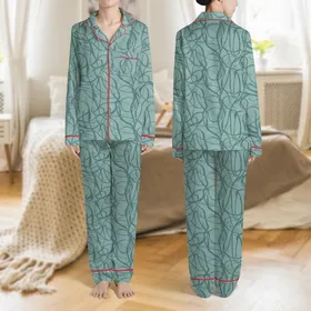 Women's Muted Teal Abstract Organic Flowing Wave Line Hand-Drawn Pattern Satin Pajamas Set