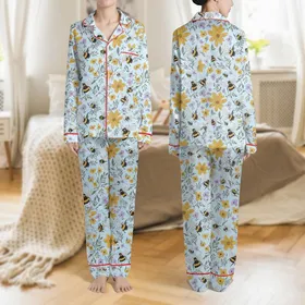 Women's Naturalistic Illustrative Busy Bumblebee Floral Mustard Goldenrod Lavender Sky Blue Pattern Satin Pajamas Set